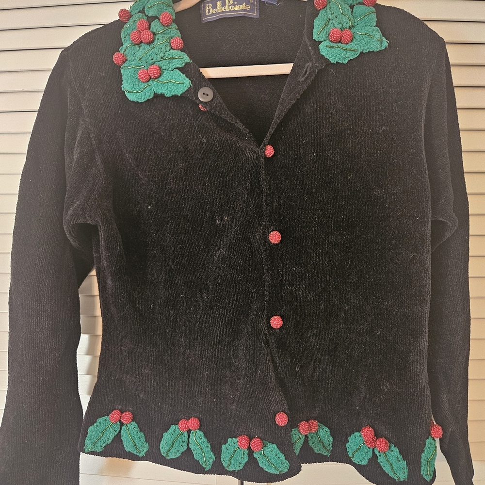 Bechamel Festive Black Cardigan with Green and Red Accents